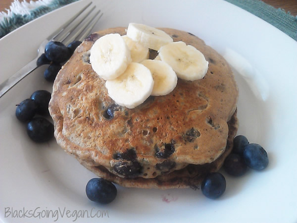 vegan whole wheat blueberry banana and walnut pancakes